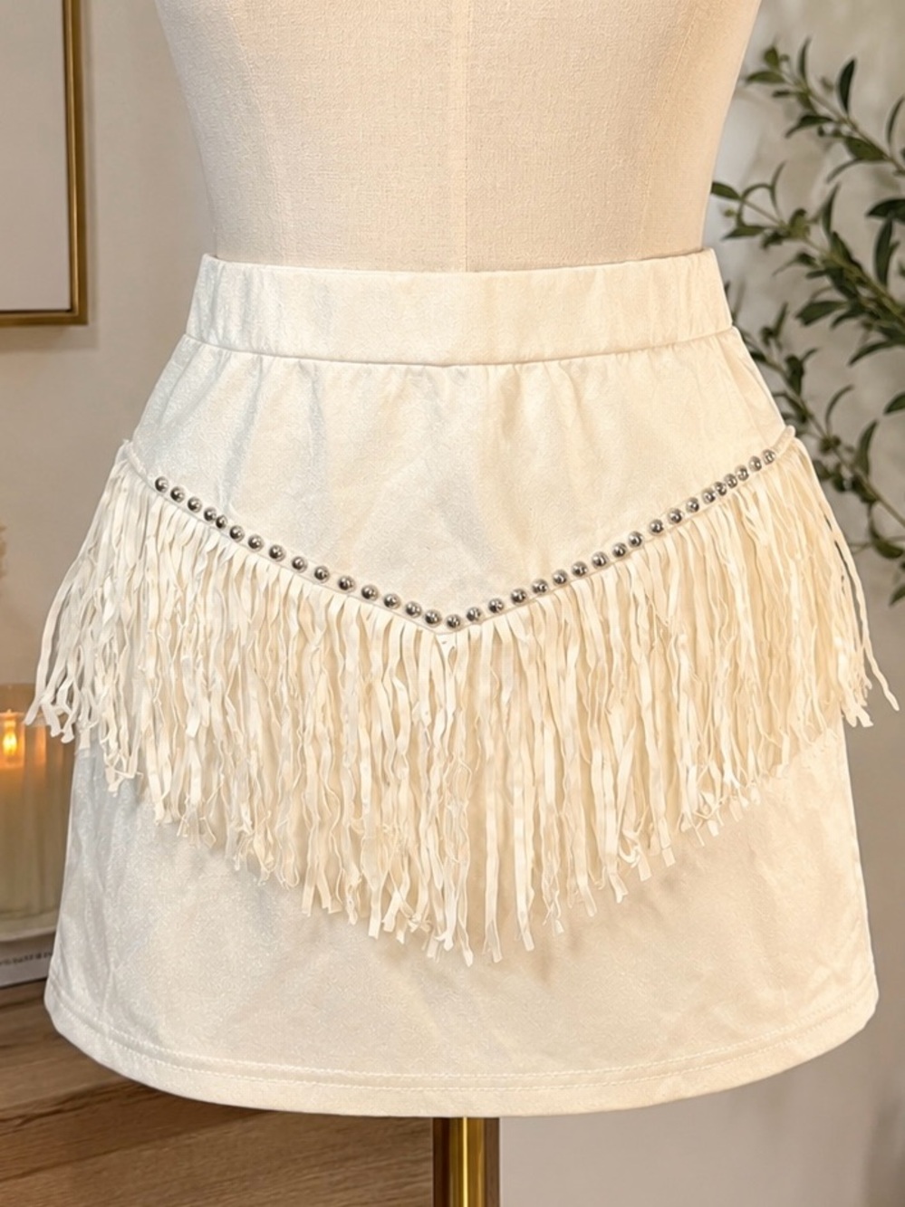 SHEIN White Fringe Mini Skirt with Silver Studs